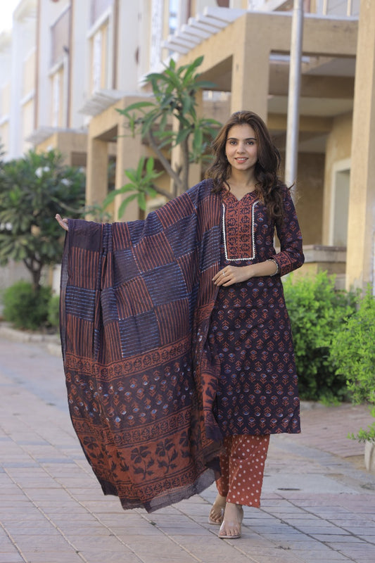 Block Print Kurta-Dupatta-Pant Set