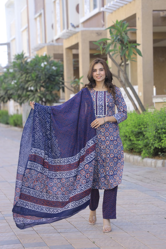 Block Print Kurta-Dupatta-Pant Set